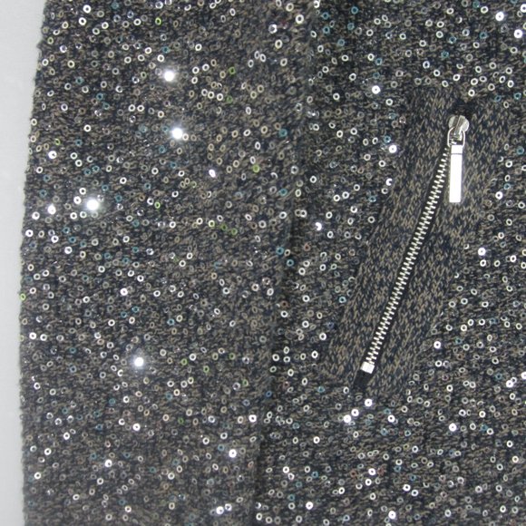 CHICOS 1 Womens Medium Blue Beige LS Silver Sequin Front Zip Wool Blend Sweater - Picture 7 of 11